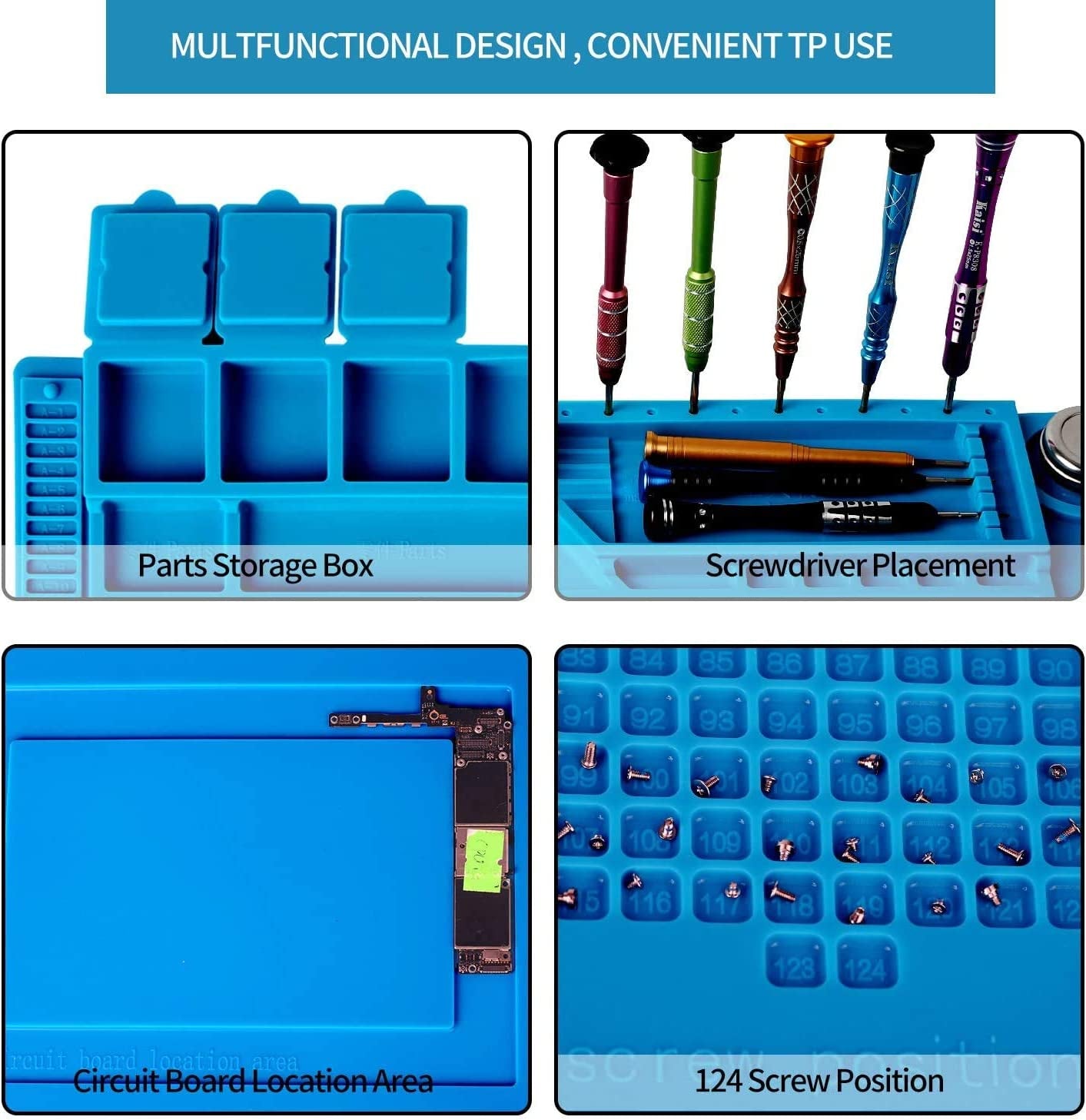 S-160 Silicone Repair Mat Electronics Repair Mat Magnetic Repair Mat Silicone Soldering Mat with 2 ESD Tweezers and Anti-Static Wrist Strap for Soldering, Electronics Repair,17.8 X 11.8 Inch