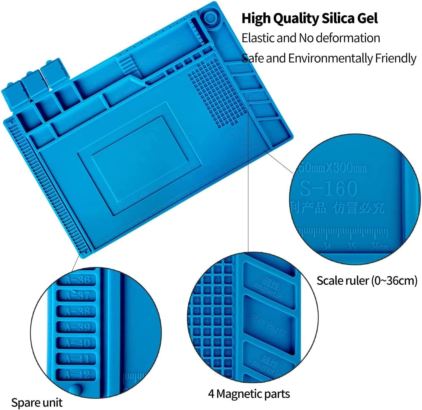 S-160 Silicone Repair Mat Electronics Repair Mat Magnetic Repair Mat Silicone Soldering Mat with 2 ESD Tweezers and Anti-Static Wrist Strap for Soldering, Electronics Repair,17.8 X 11.8 Inch