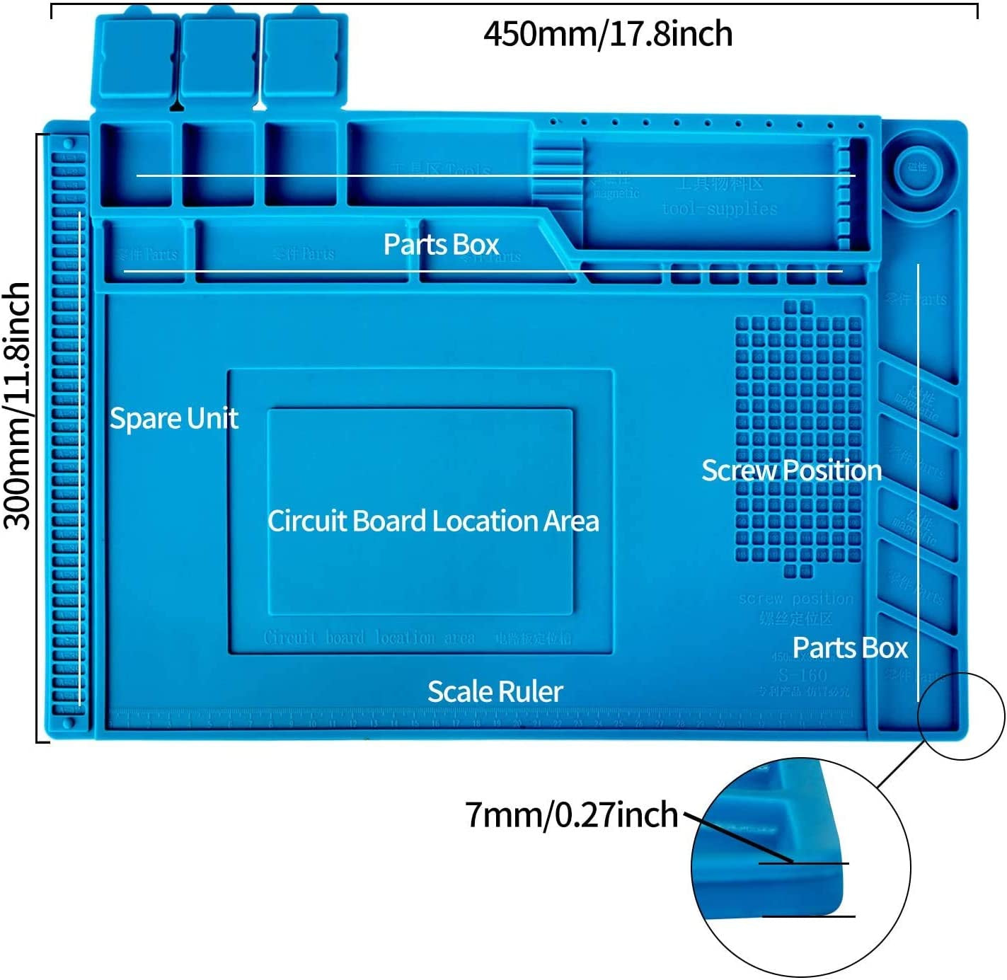 S-160 Silicone Repair Mat Electronics Repair Mat Magnetic Repair Mat Silicone Soldering Mat with 2 ESD Tweezers and Anti-Static Wrist Strap for Soldering, Electronics Repair,17.8 X 11.8 Inch